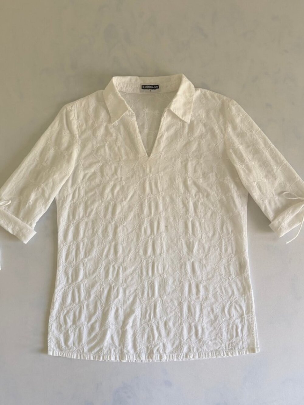 Giordano 100% Cotton White Embroidered Floral Blouse